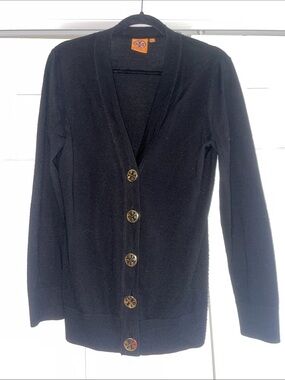 Tory Burch Black Button-Front V-Neck Cardigan with Logo Buttons